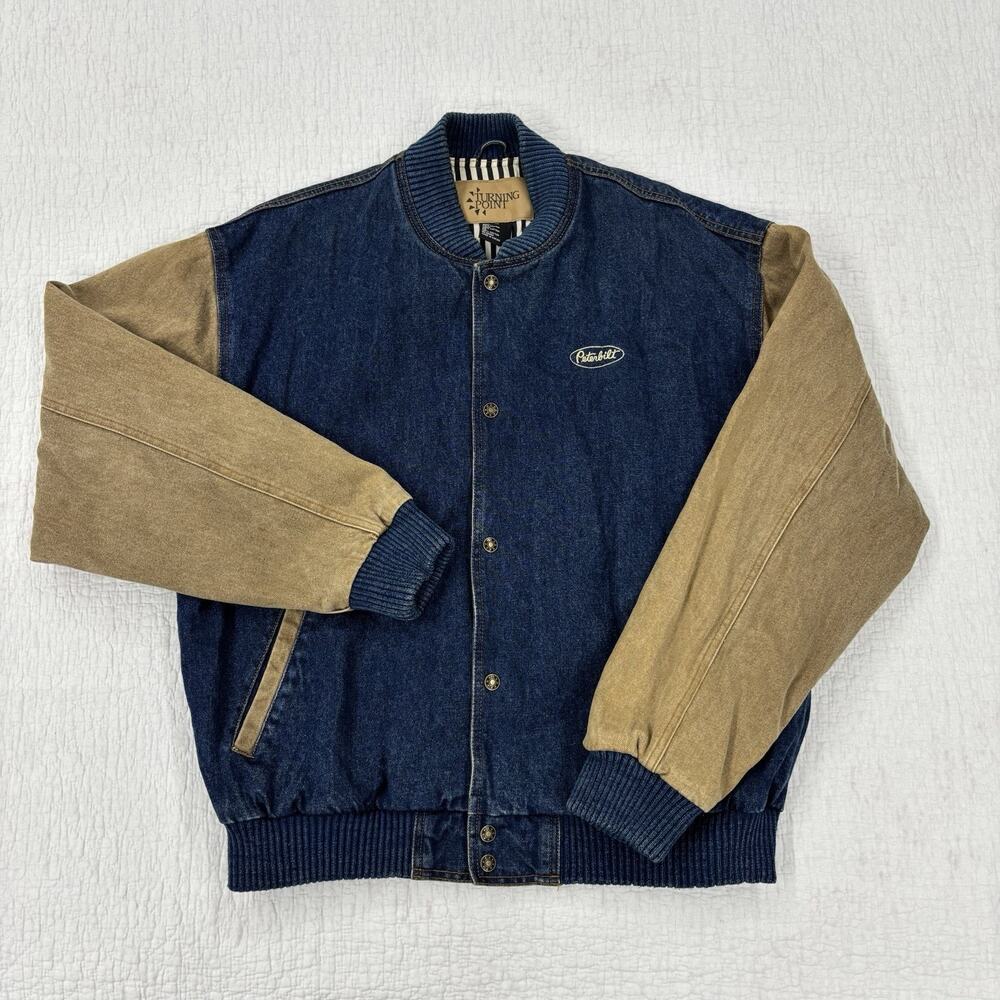 Vintage 90s Denim Bomber Jacket Mens Size Large Snaps Embroidered Peterbilt